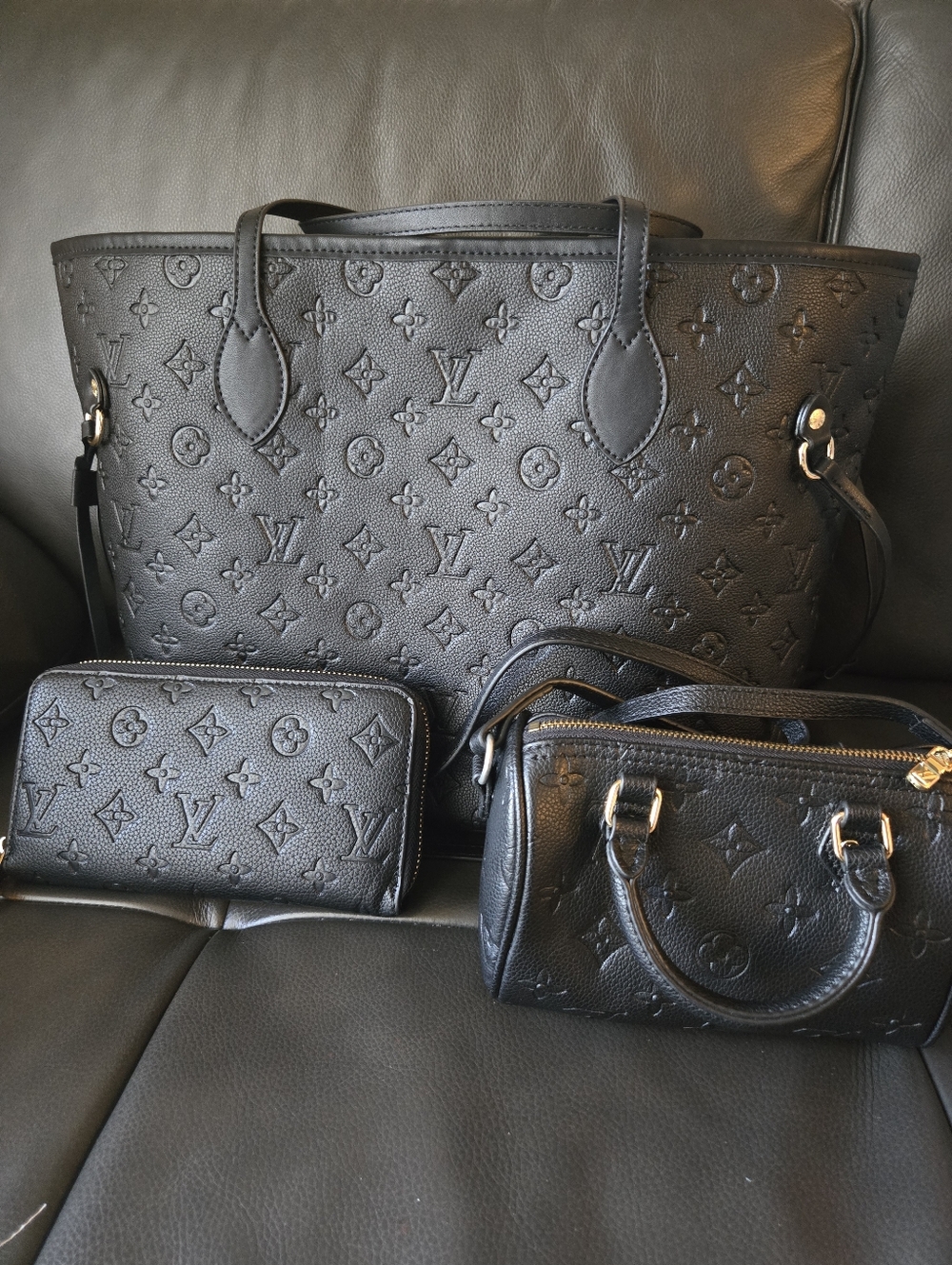 Black Monogram Embossed Tote, Wallet, & Mini Bag Set (3pcs)